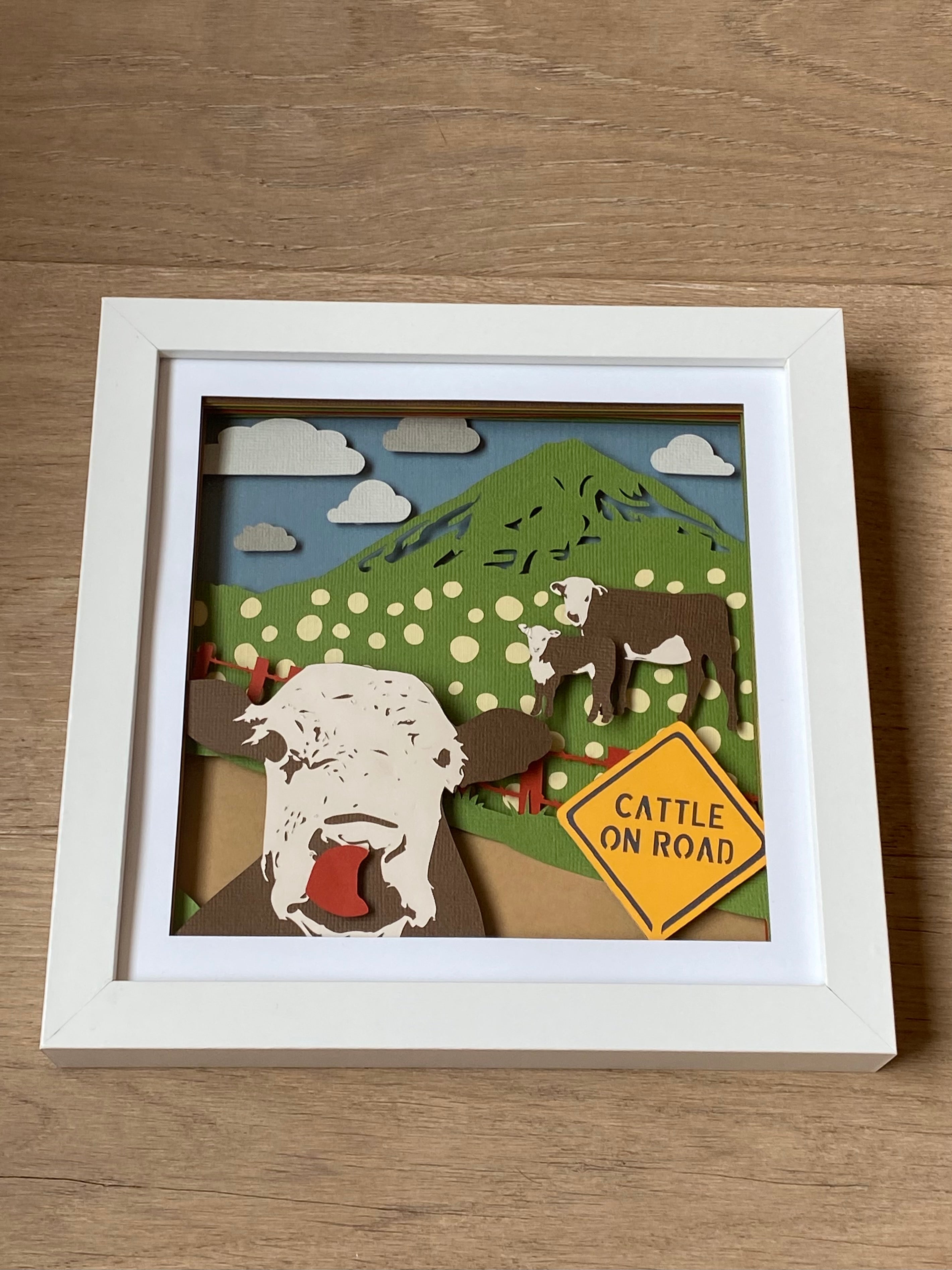 Cattle on Road Cow Mountain Shadow Box Wall Art