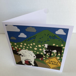 Cattle on Road Cow Mountain Greeting Note Card