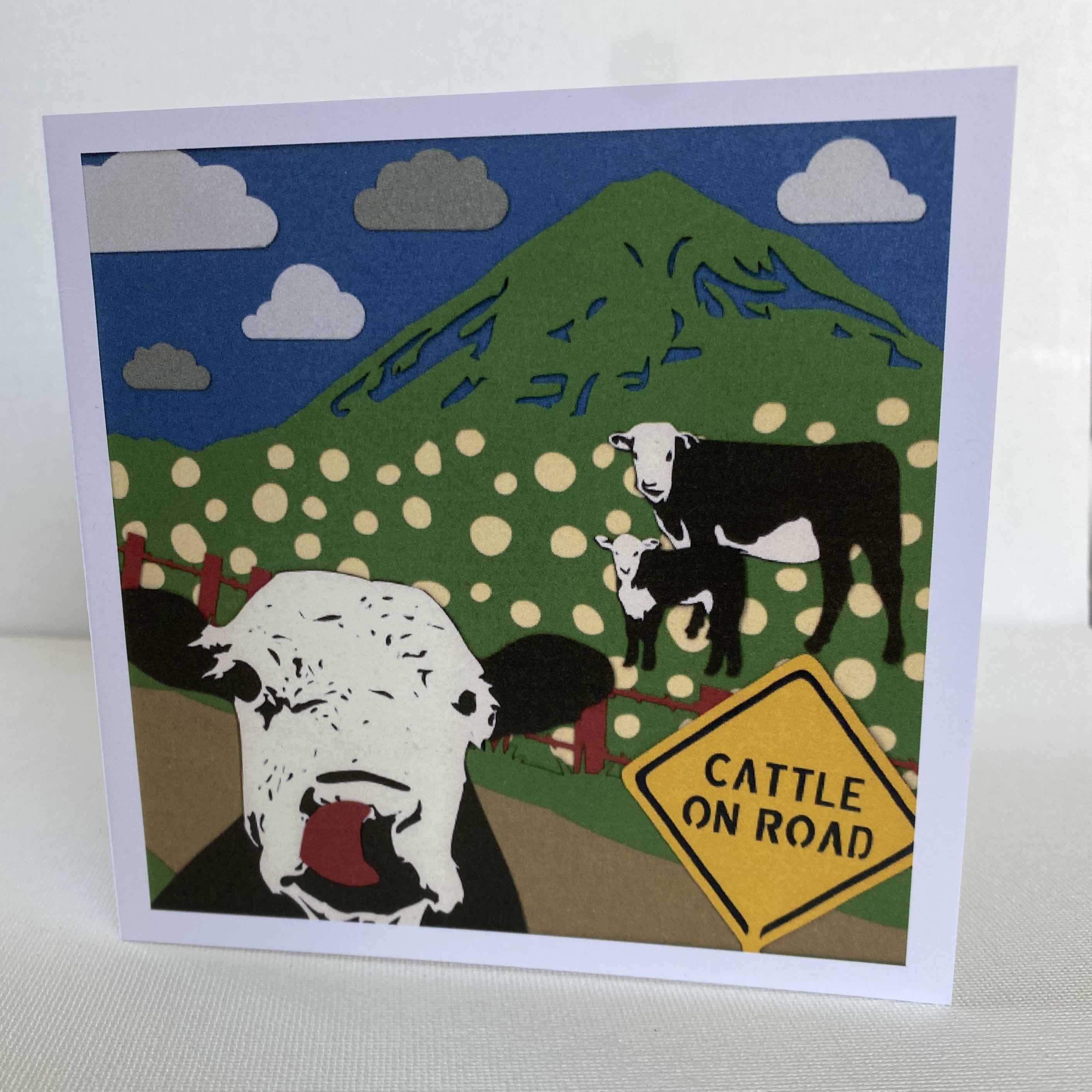 Cattle on Road Cow Mountain Greeting Note Card