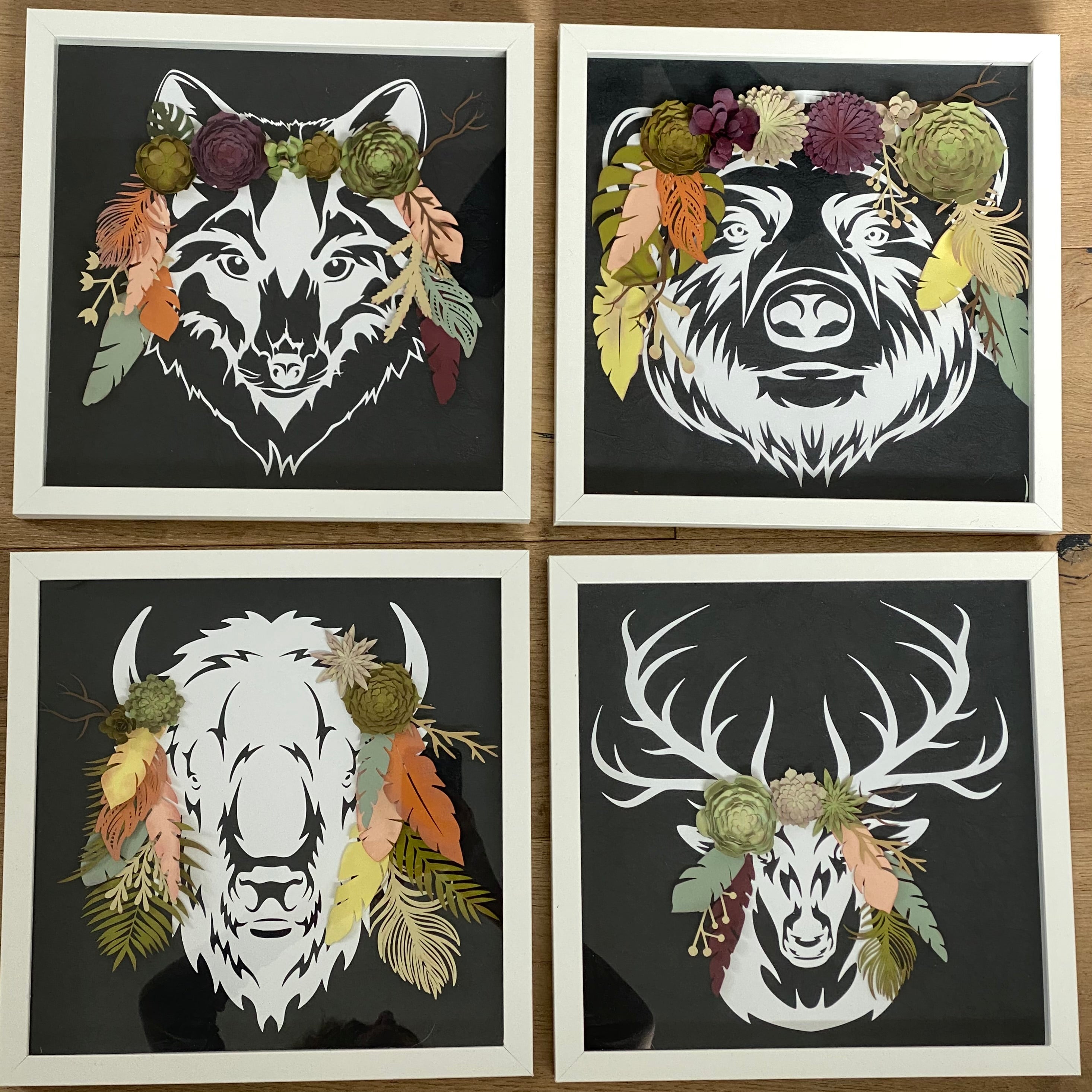 Decorated Deer - Paper Art featuring Deer/Elk with a Succulent, Feather, and Fern Crown