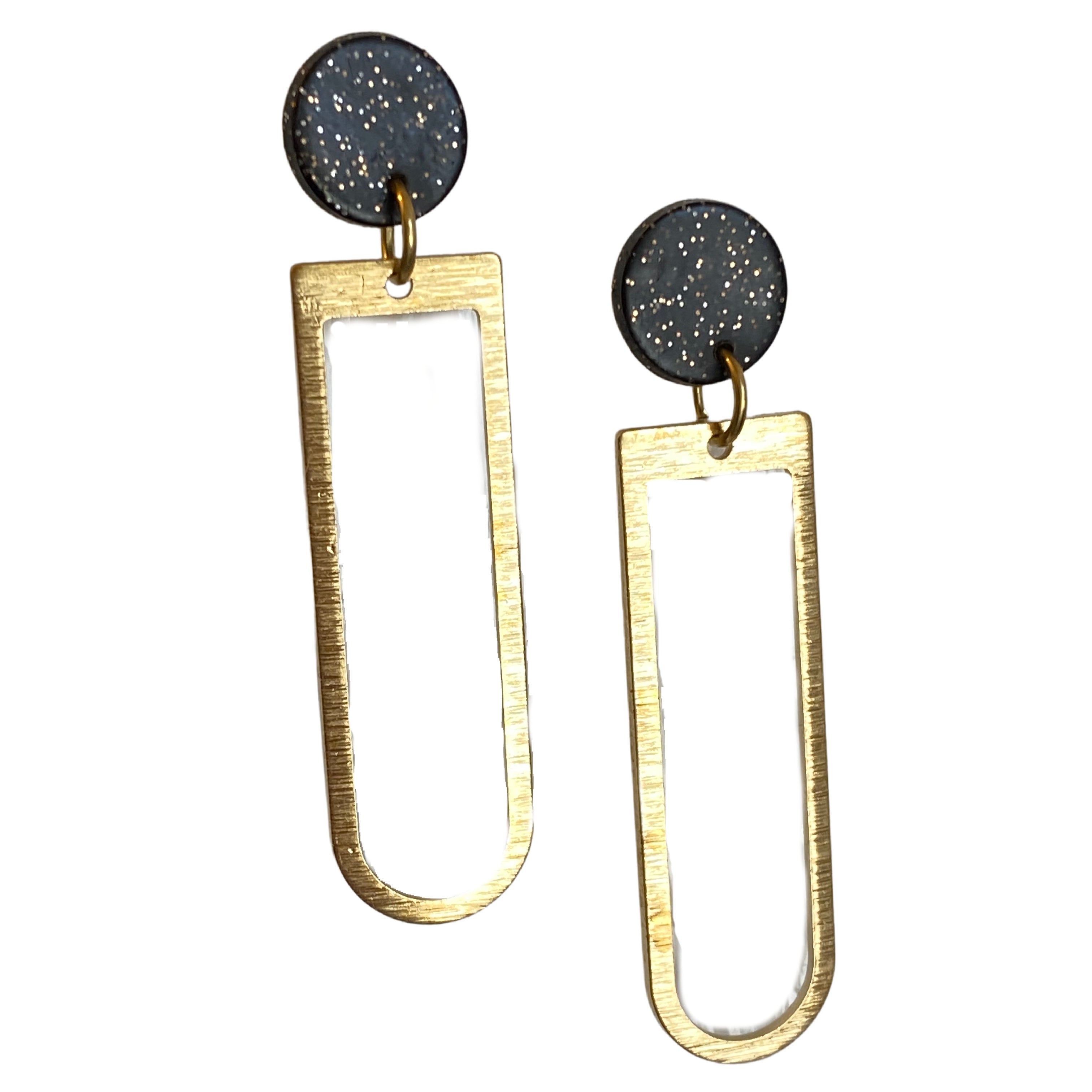 Black Sparkle and Brushed Brass Modern Earrings
