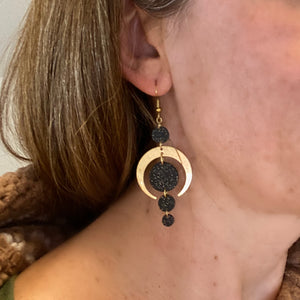 Black, Gold Speckle, and Brass Modern Moon Earrings