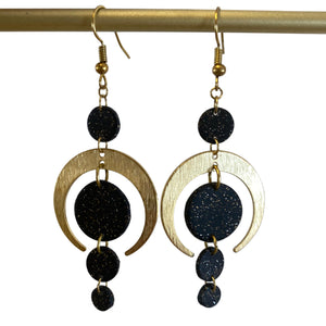 Black, Gold Speckle, and Brass Modern Moon Earrings