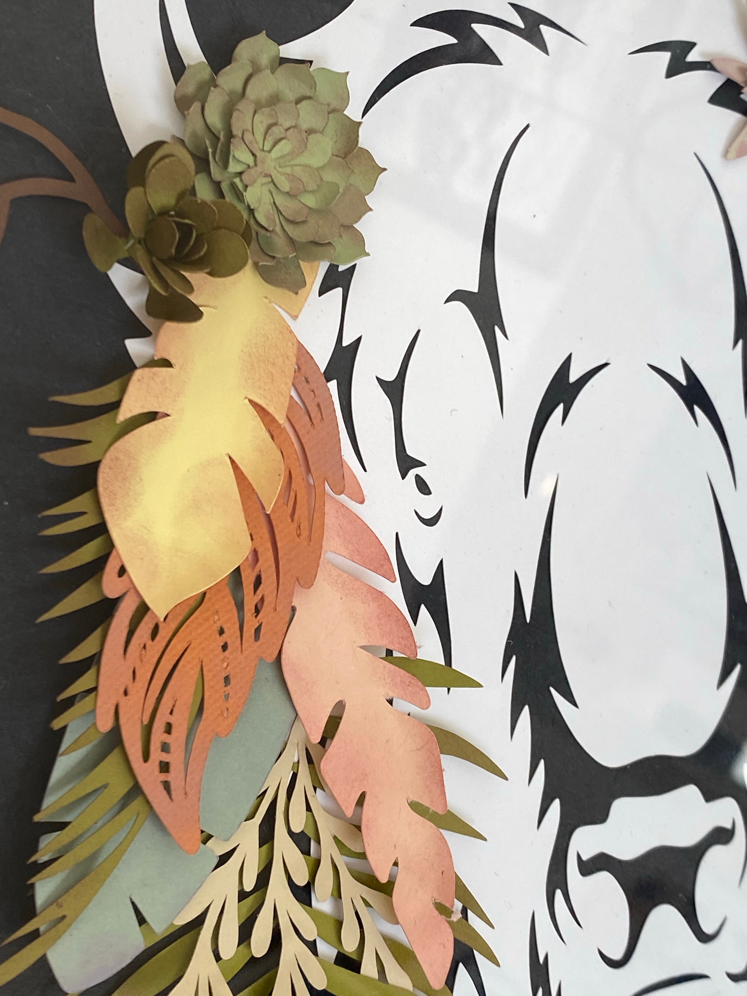 Beauty in the Bison - Paper Art featuring Buffalo with a Succulent, Feather, and Fern Crown