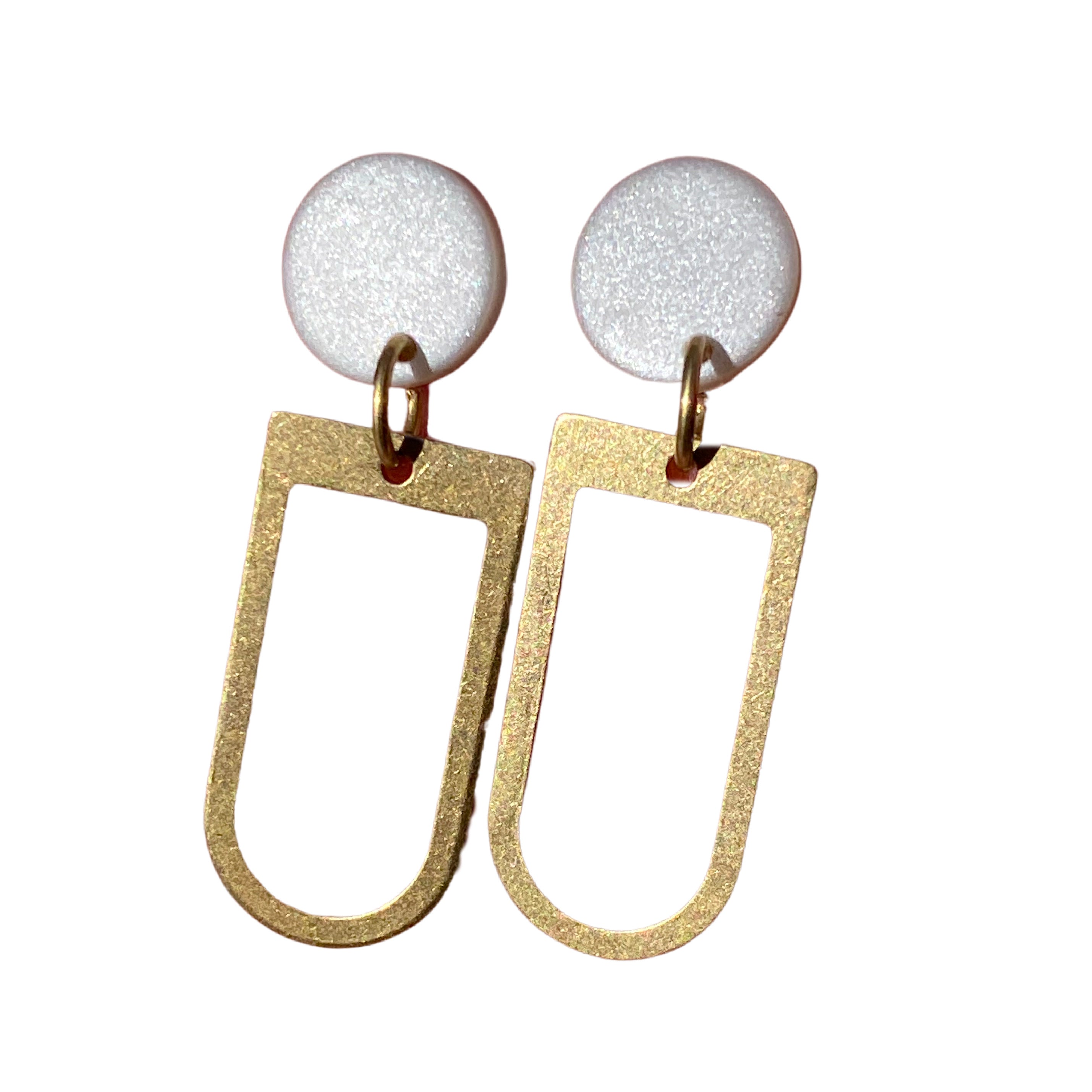 White Shimmer and Brass Modern Earrings