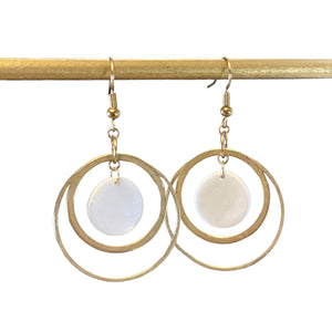 Shimmer White and Brass Circle Earrings
