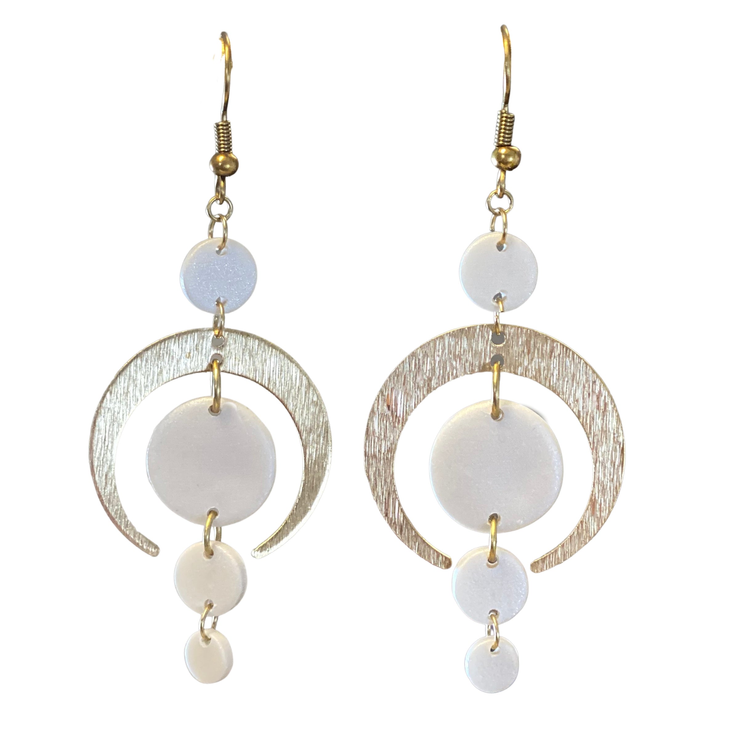 White Shimmer and Brass Modern Moon Earrings