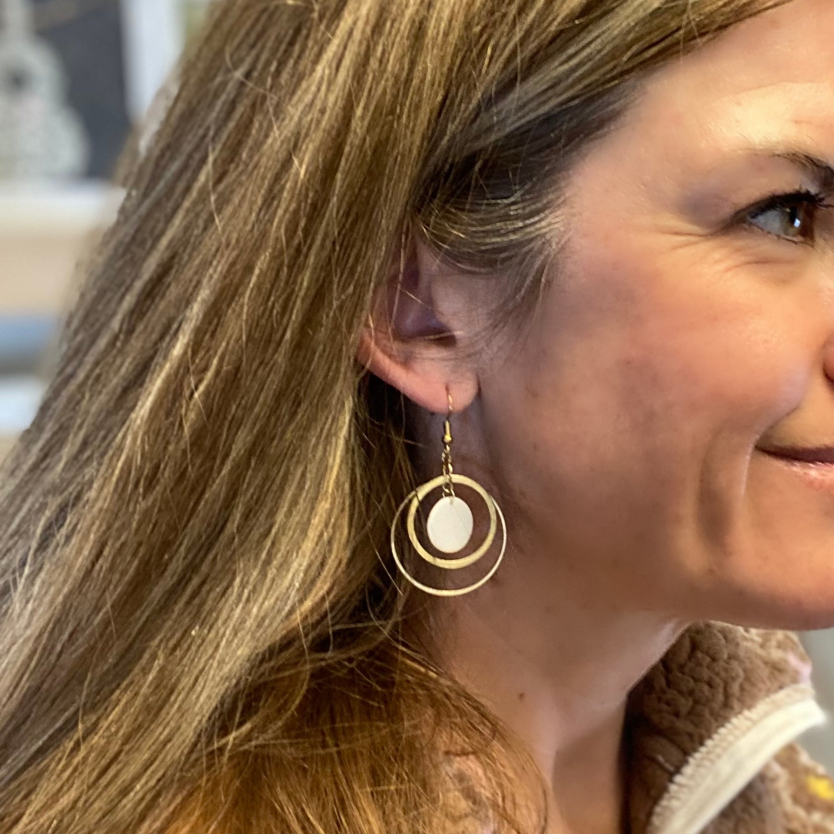 Shimmer White and Brass Circle Earrings